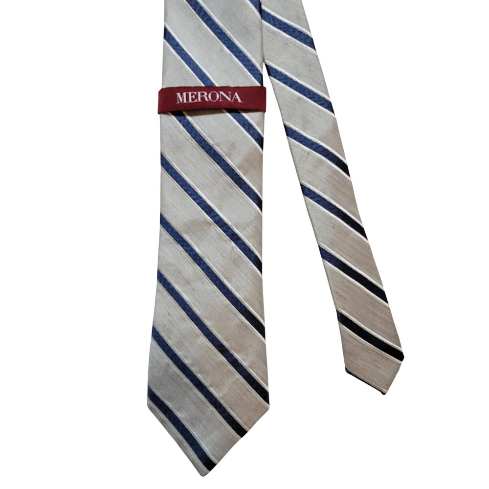 NWT Merona Necktie Mens OS Gray Navy Blue Striped Silk Linen Cotton Blend